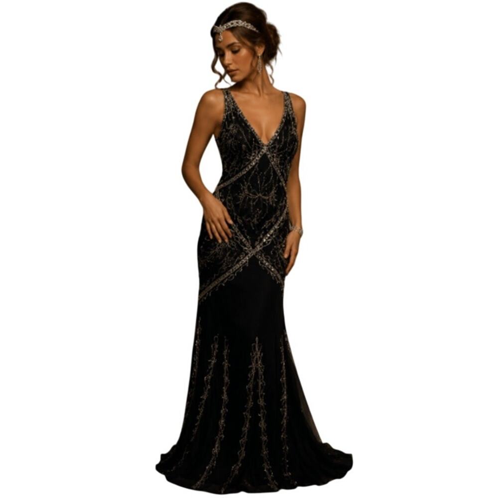 Womens Art Deco Gatsby Beaded Formal Open Back Mermaid Evening Prom Dress Y2K